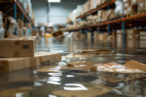 A flooded warehouse with cardboard boxes partially submerged in water. Although hurricane season hits coastal areas hardest, inland areas are not exempt from wind, flooding, and even tornadoes.